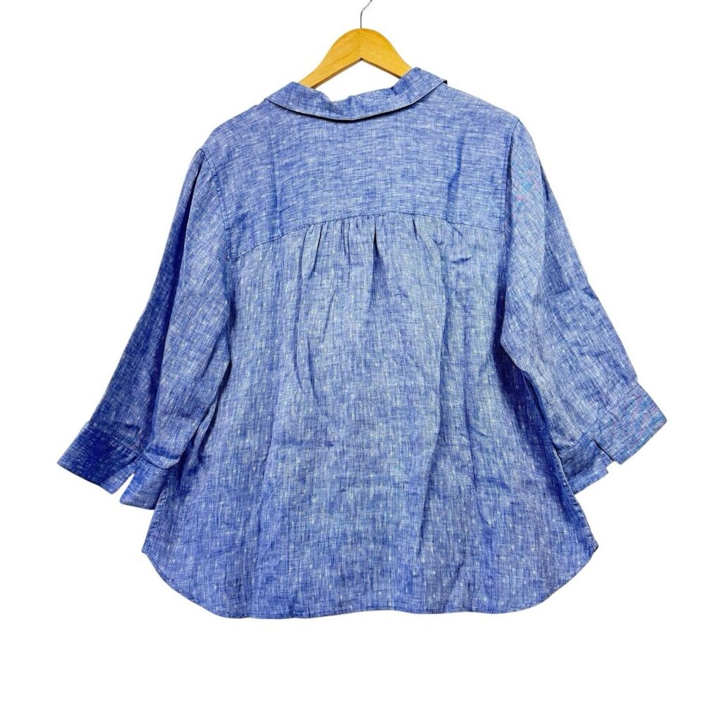 Chicos Chambray Linen Top 3 XL16/18 Blue Button Up Pocket 3/4 Sleeve Non-iron - Picture 2 of 7
